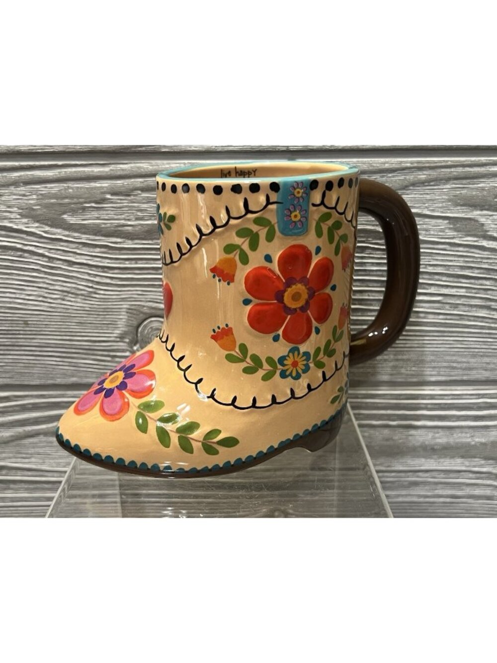 Natural Life Betty the Boot Folk Art Coffee Ceramic 16 oz Mug 4.5” Whimsical Cup